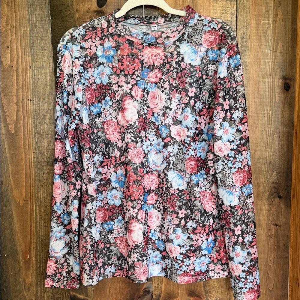 Floral Long-Sleeve Mesh Women's Top - Pink & Blue Floral